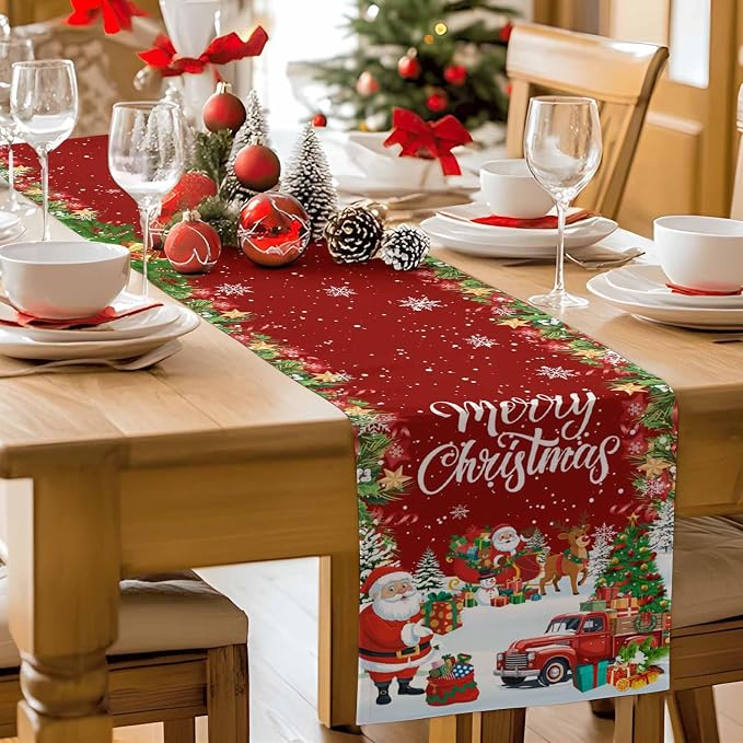 Merry Christmas Table Runner 120 Inches Long, Santa Xmas Tree Snowflake Table - Image 9
