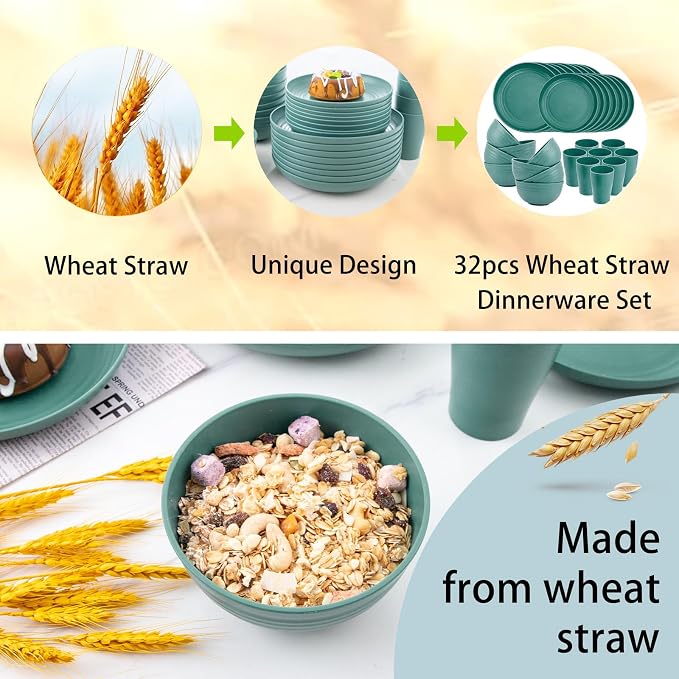 32 Pcs Teal Wheat Straw Dinnerware Set - Image 4