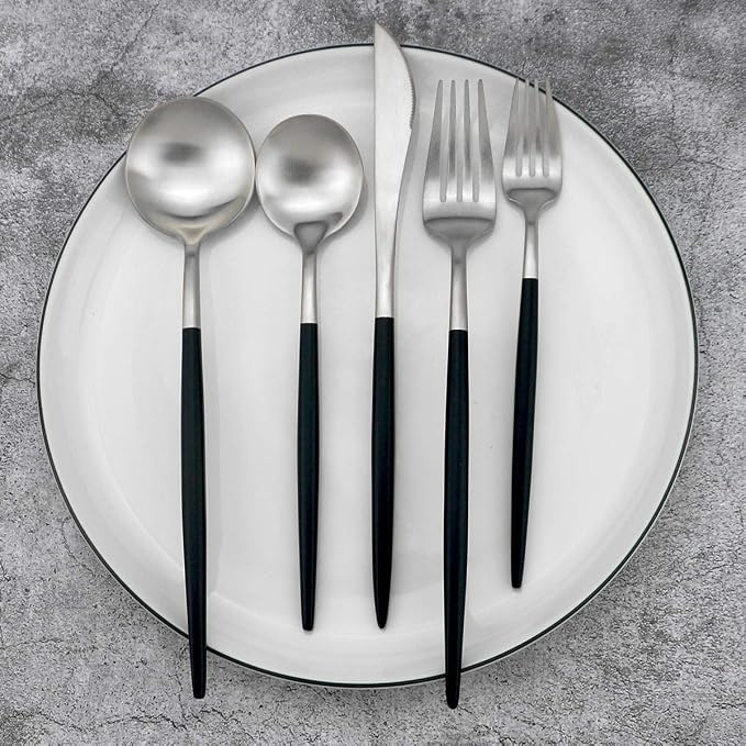 Black Handle Matte Silver Silverware Set - Image 4