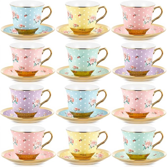 Teenyyou Set of 12 Tea Cups and Saucers Tea Party Decorations Floral Porcelain by Teenyyou