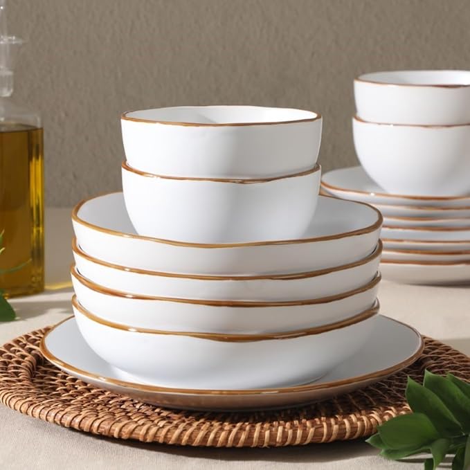 Gibson Home Hazeltine 16-Piece White Stoneware Dinnerware Set – Plates and Bowls - Image 4