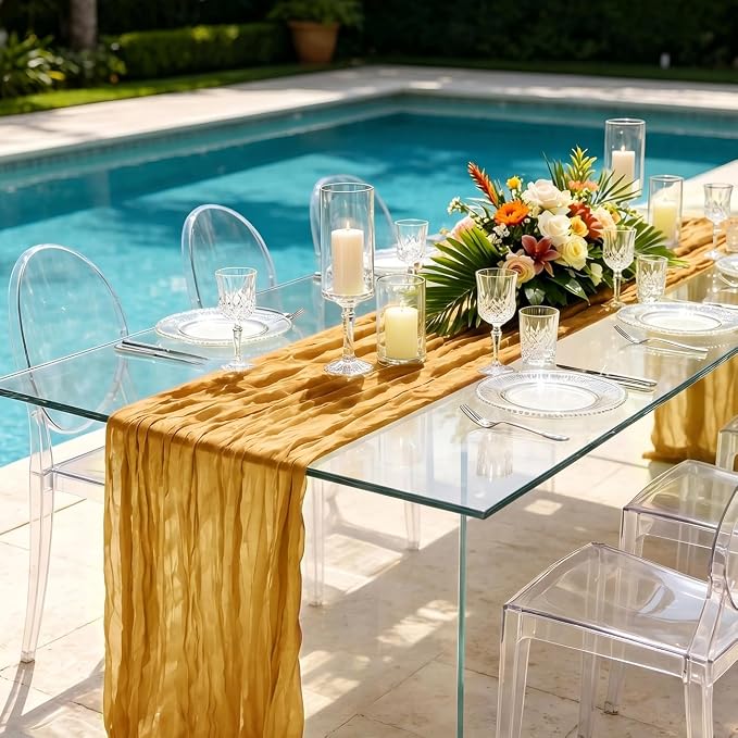 3 Pack Gold Cheesecloth Table Runner 21 x 120 Inch Boho Gauze Sheer Table - Image 5