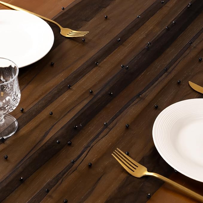 Pearl Table Runner Summer Tulle Gauze Sheer Wedding Party Home Decor | Black - Image 5