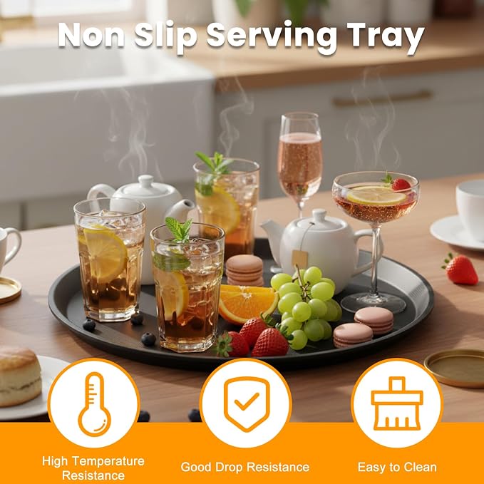 12 Pcs Black Restaurant Serving Trays Bulk Plastic Non Slip Surface Round Drink - Image 5