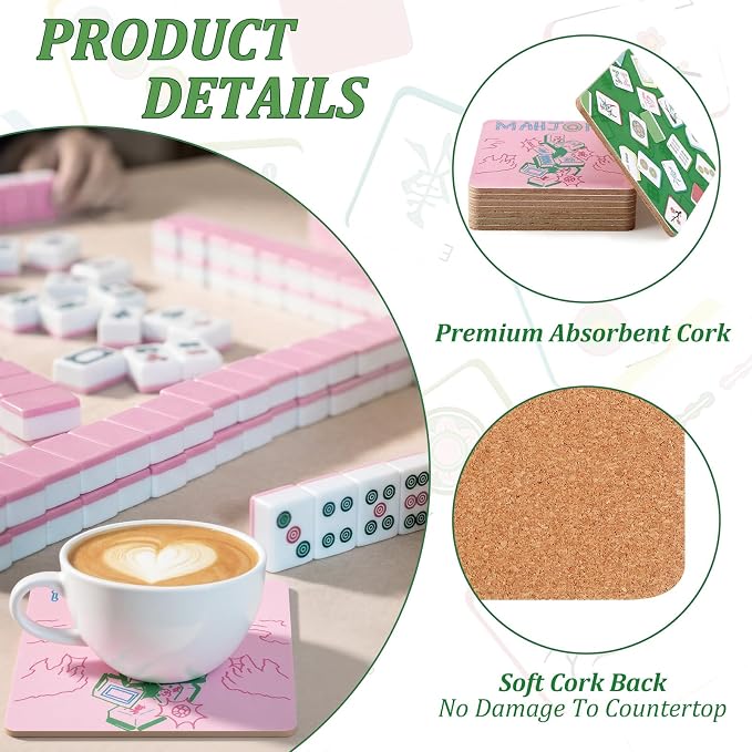 8 Pcs Mahjong Coasters 3.94 x 3.94 Drink Coasters Pink and Green Mahjong Gift - Image 3