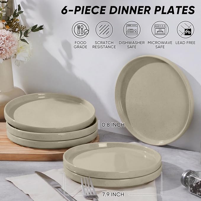 E-far 7.9 Inch Ceramic Dinner Plates, 6-Piece Stoneware Salad Plates, Khaki | - Image 2
