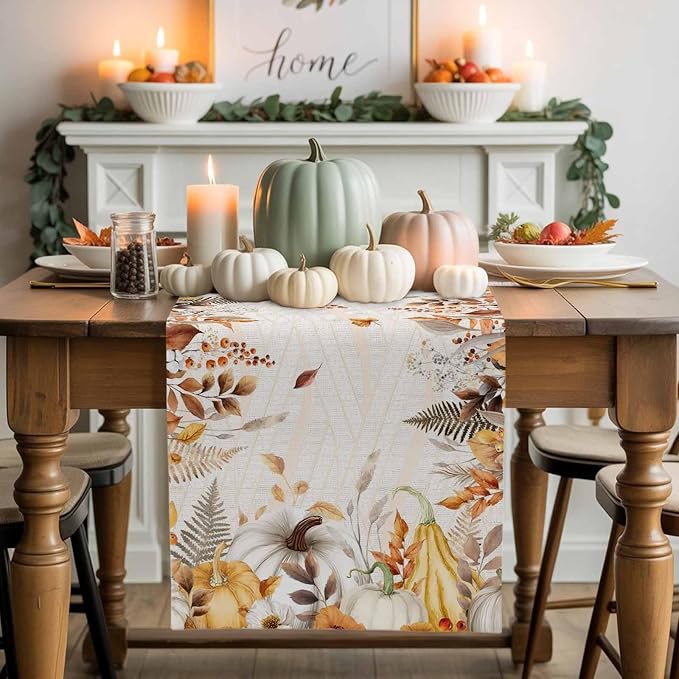 White Golden-Yellow Pumpkin Fall Table Runner 36 Inches Long, Thanksgiving - Image 2