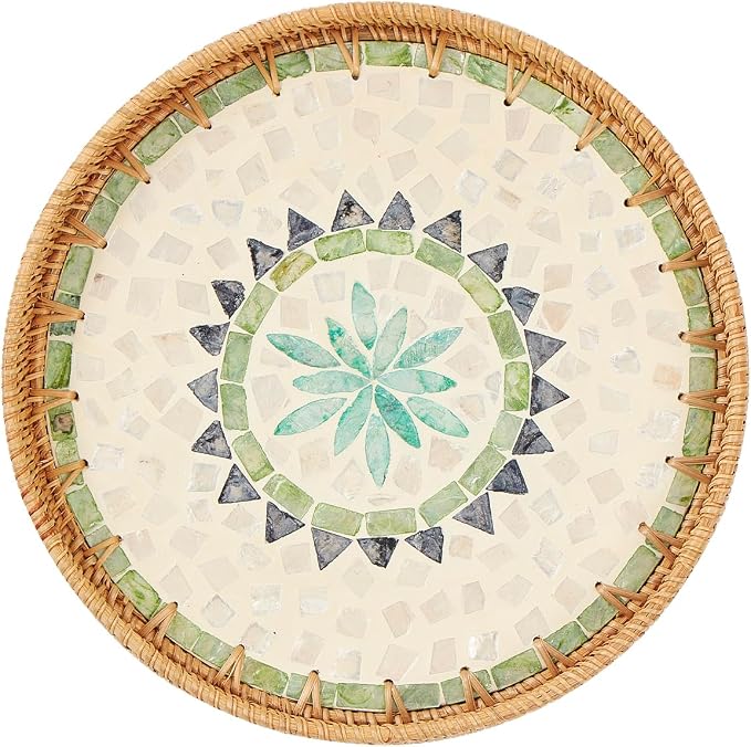 Kmelep Round Rattan Tray with Mother of Pearl Inlay, Rattan Serving Tray with by Kmelep