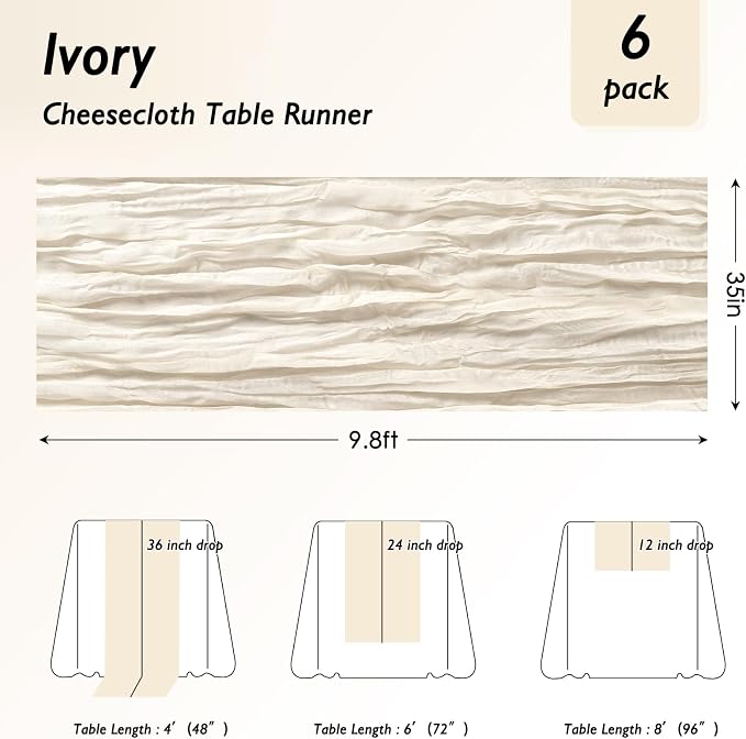 8 Pack Ivory White Cheesecloth Table Runner 120 Inch Boho Wedding Decor | - Image 2