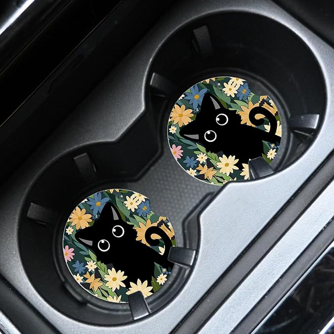 2pcs Cute Black Cat Car Coasters, Absorbent Universal neoprener Cup Holder - Image 3
