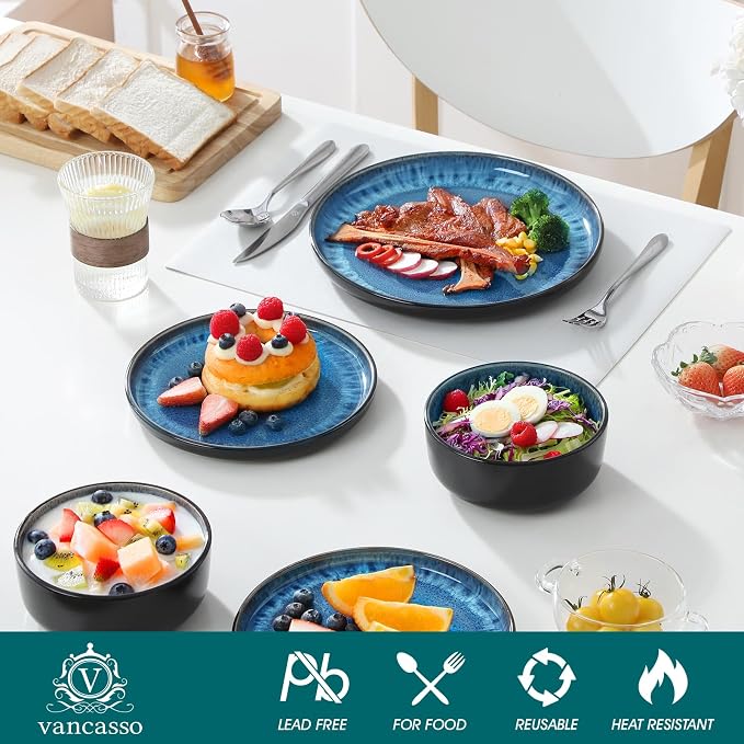 vancasso PLAYA Plates and Bowls Sets, 18 Pieces Blue Dinnerware Sets - Image 3