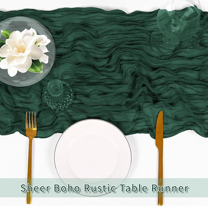 3 Pack Emerald Green Cheesecloth Table Runner, 17 x 108 inch, Semi Sheer Boho - Image 5