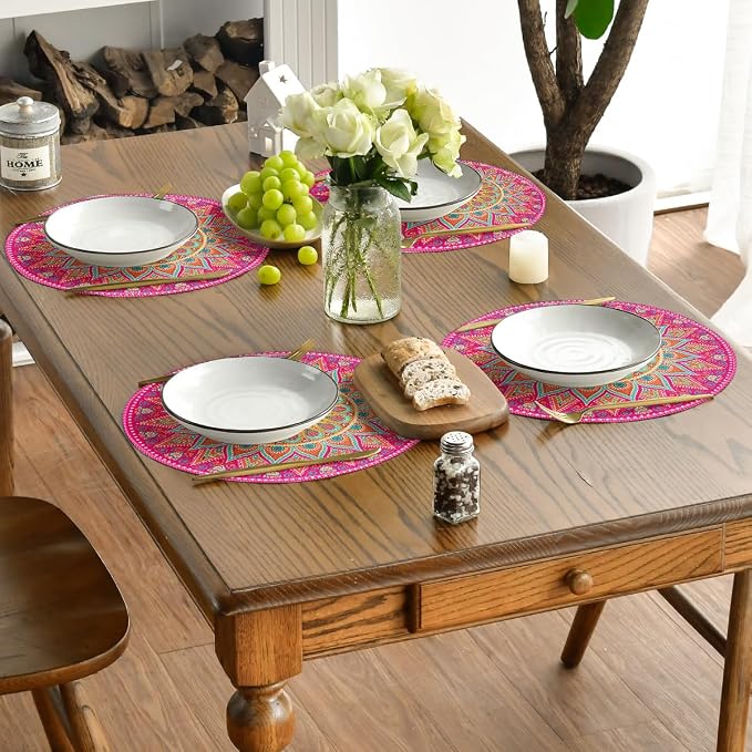 Artoid Mode Pink Yellow Mandala Round Placemats Set of 4, 14 Inch Seasonal - Image 6