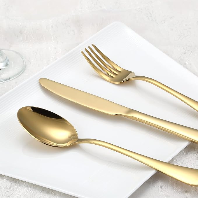 Gold Silverware Set for 4, Include Knife Fork and Spoon, Mirror Polished - Image 2