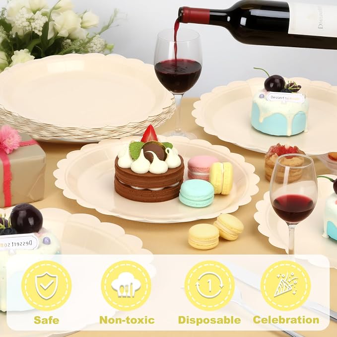 52 Pcs Beige Paper Plates 7 Inch Scalloped Dessert Plates - Image 5