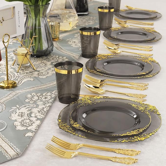 Nervure 175Pcs Black Plastic Plates, Plastic Dinnerware Set - Image 6
