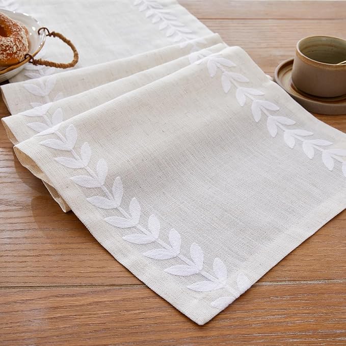 Linen Embroidered Table Runner, Farmhouse Irregular Willow Leaf Table Runner by Aoztio
