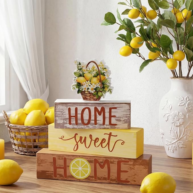 Cinnvoice 4 Pcs Summer Lemon Wooden Tabletop Decor Yellow Lemon Rustic Tiered - Image 2