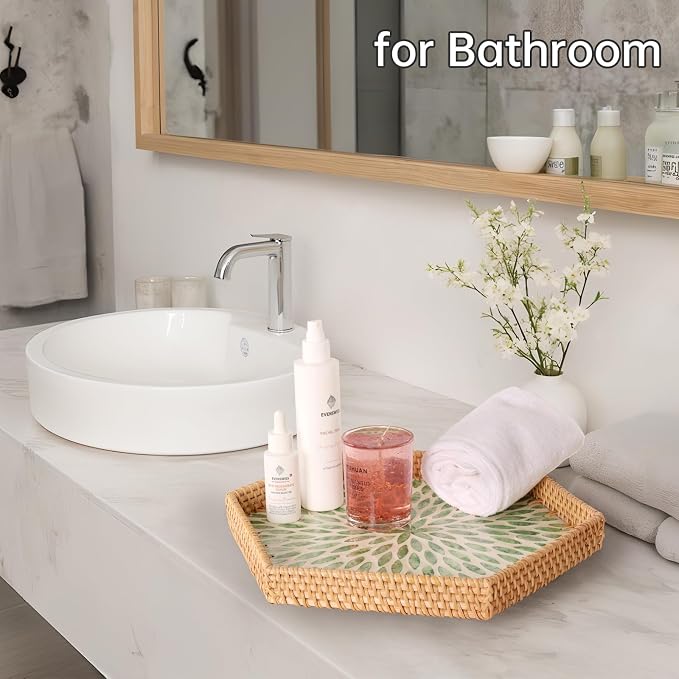 Hexagon Rattan Tray with Mother of Pearl Inlay, Rattan Serving Tray - Image 8
