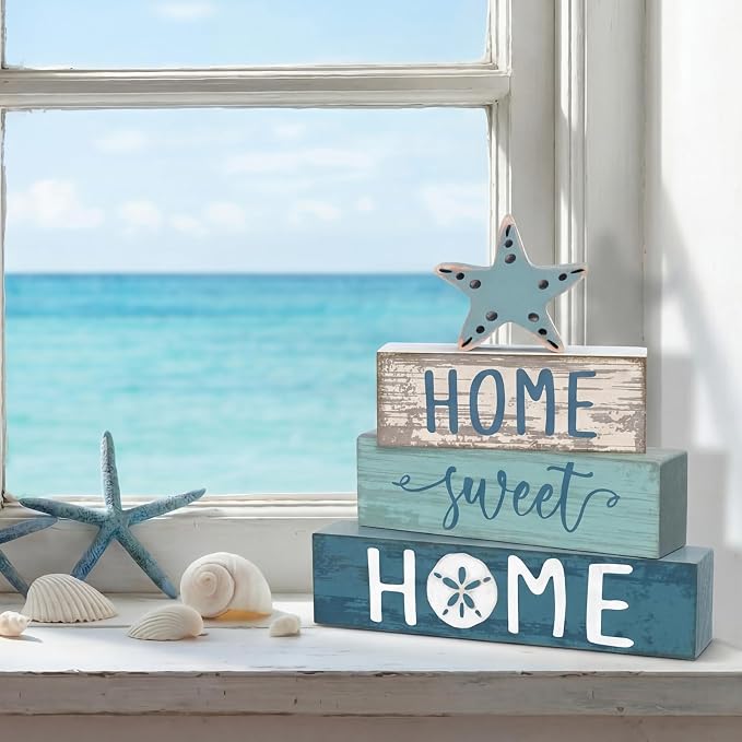 Cinnvoice 4 Pcs Beach Summer Starfish Wooden Block Decor Coastal Farmhouse - Image 5