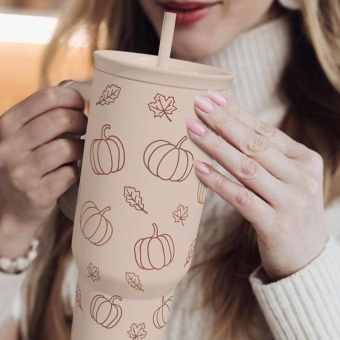 SANDJEST Pumpkin Tumbler with Handle and Straw 40oz – Stainless Sleel Slider - Image 6