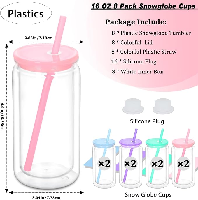 16 oz Plastic Snow Globe Tumbler, 8 Pack Double Wall Snowglobe Tumbler - Image 2