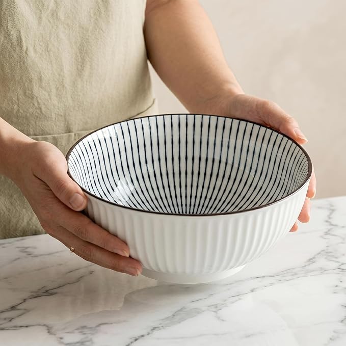 QINLANG Large Soup Bowls, Pho & Ramen Set of 3, 60 oz Blue & White Porcelain - Image 8