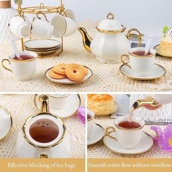20 Pcs Porcelain Tea Set with Metal Holder, Adult Tea Set Gift, Large European - Image 5
