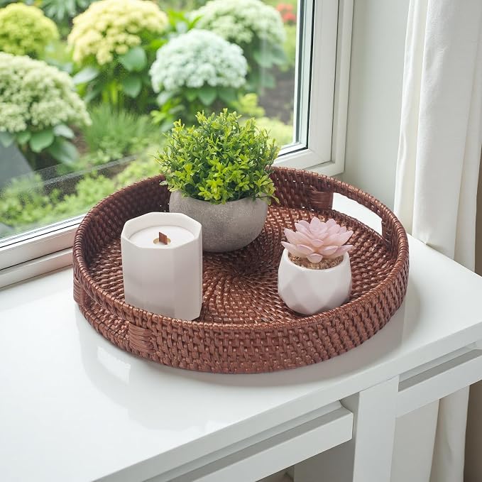 11.8 inch Round Rattan Tray, Decorative Coffee Table Tray, Ottoman Trays - Image 8