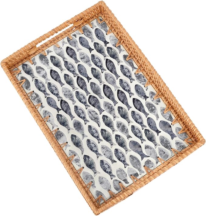 Rectangle Rattan Tray with Mother of Pearl Inlay, Rattan Serving Tray with by Tynulox
