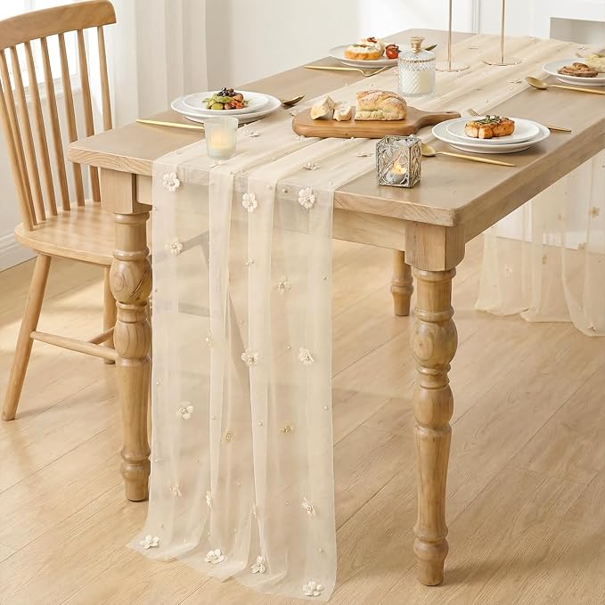 Artoid Mode Flower Pearl Champagne Gauze Table Runner 10FT 3PC, Seasonal Sheer - Image 3