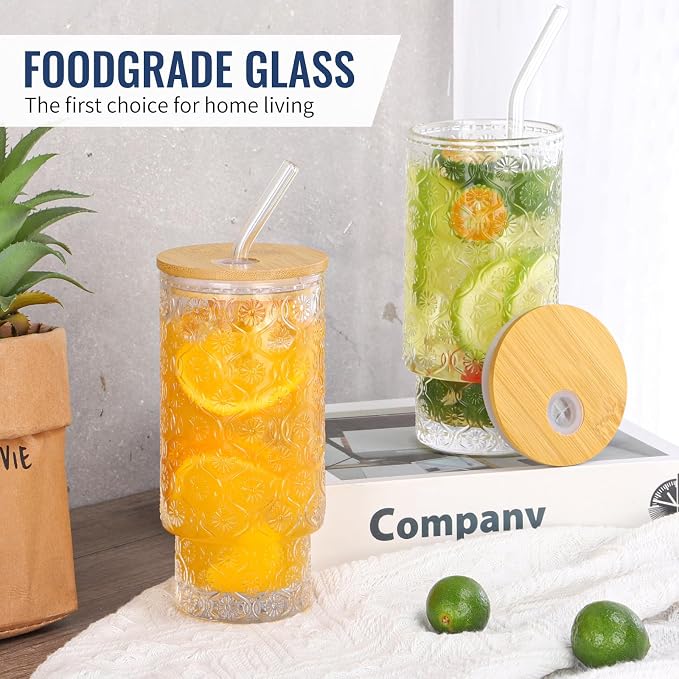16 Oz Glass Cups with Lid and Straw, Vintage Embossed Floral Glass Tumbler - Image 3