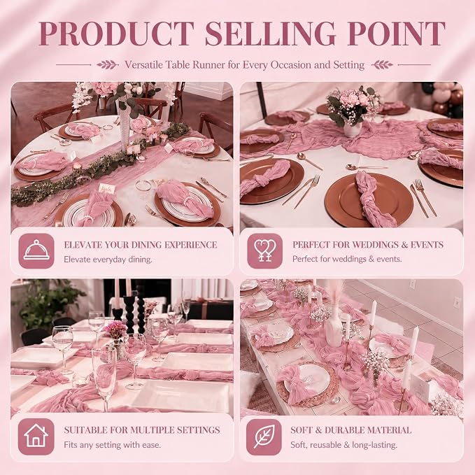12 Pack Dusty Rose Cheesecloth Table Runner 17x108 Inch Boho Rustic Semi Sheer - Image 7