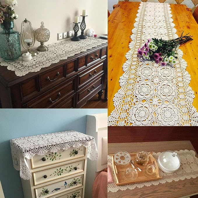 Cotton Handmade Crochet Lace Table Runner Black Rectangle Coffee Table Dresser - Image 2
