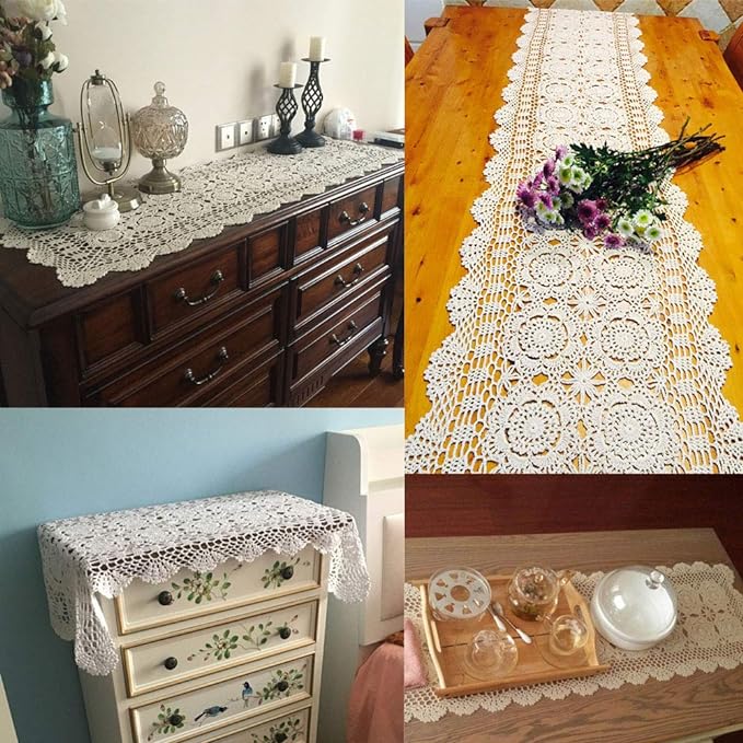 Cotton Handmade Crochet Lace Table Runner White Rectangle Coffee Table Dresser - Image 3