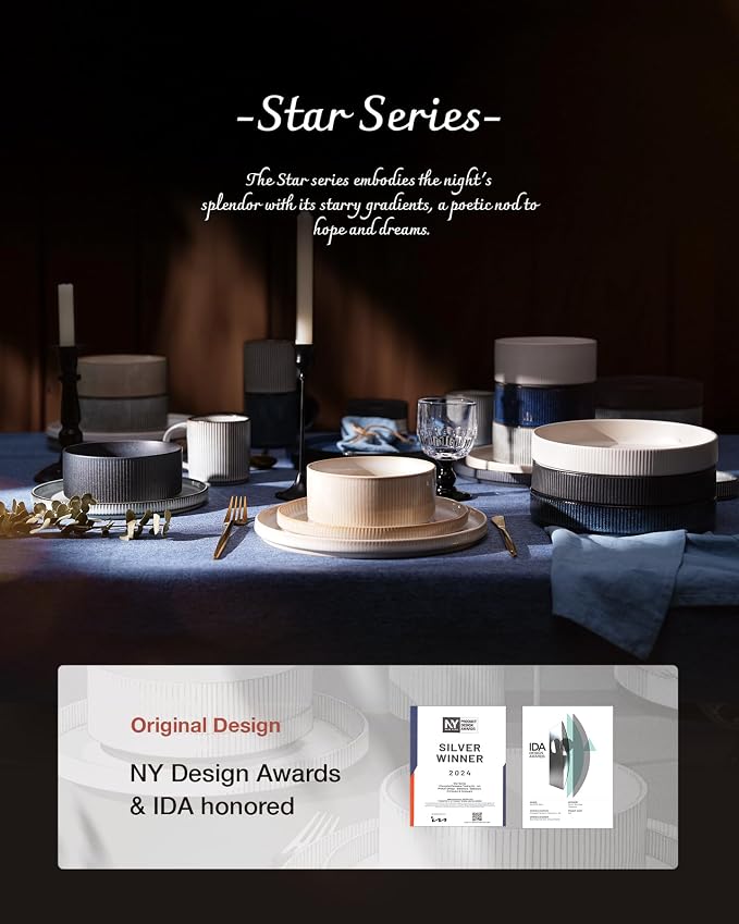 famiware Star 8.25" Pasta Bowls Set of 6, Bowl Plates, Matte White | Microwave - Image 7