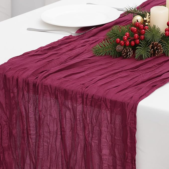 8 Pack Burgundy Red Cheesecloth Table Runner 120 Inch Boho Wedding Decor | by Fixwal
