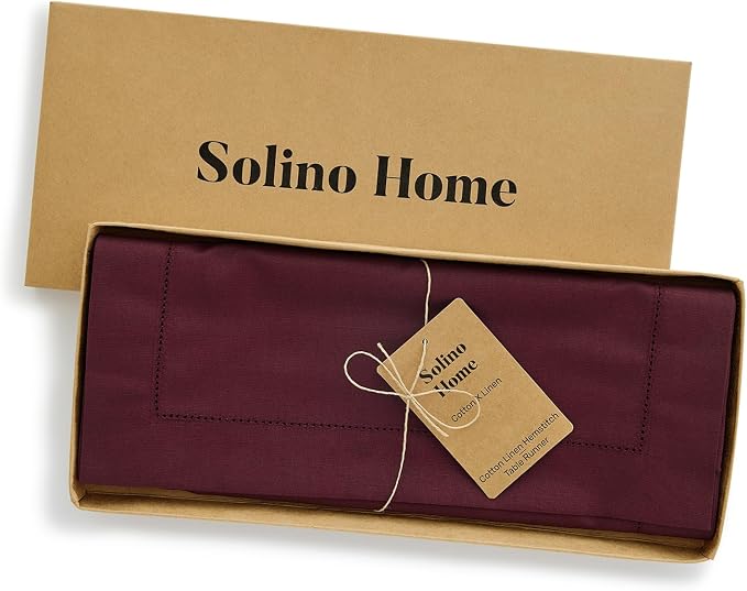 Solino Home Cotton Linen Table Runner Wine, Hemstitch Collection 14 x 60 in | - Image 5