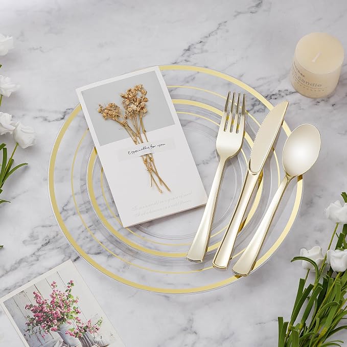BESTVIP 450PCS Clear Gold Dinnerware Set - Image 3