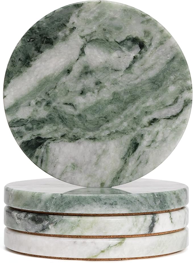 Sage Green Marble Coasters Set of 4, Elegant Green & White Coasters by YONGHEE