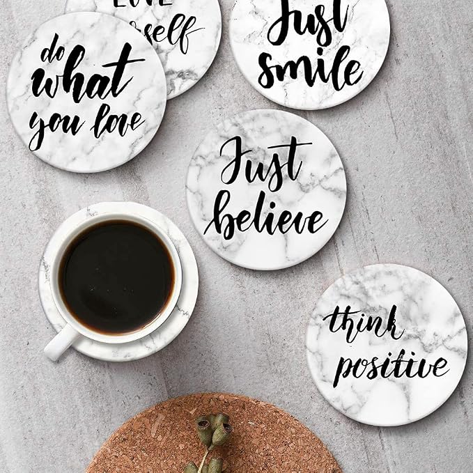 Coasters for Drinks, Ceramic Stone, Marble White | Inspirational Quote Text - Image 6