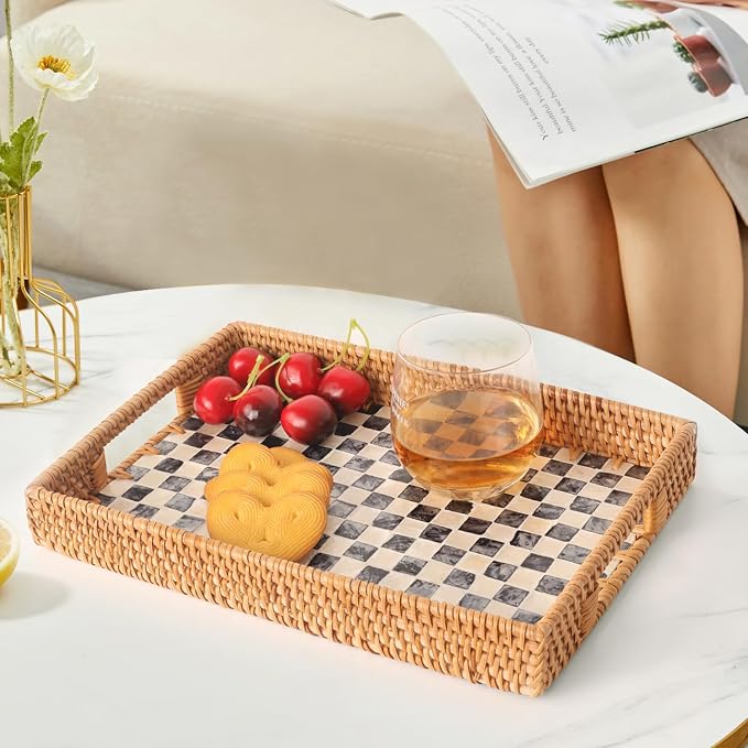 Rectangle Rattan Tray with Mother of Pearl Inlay, Rattan Serving Tray with - Image 8