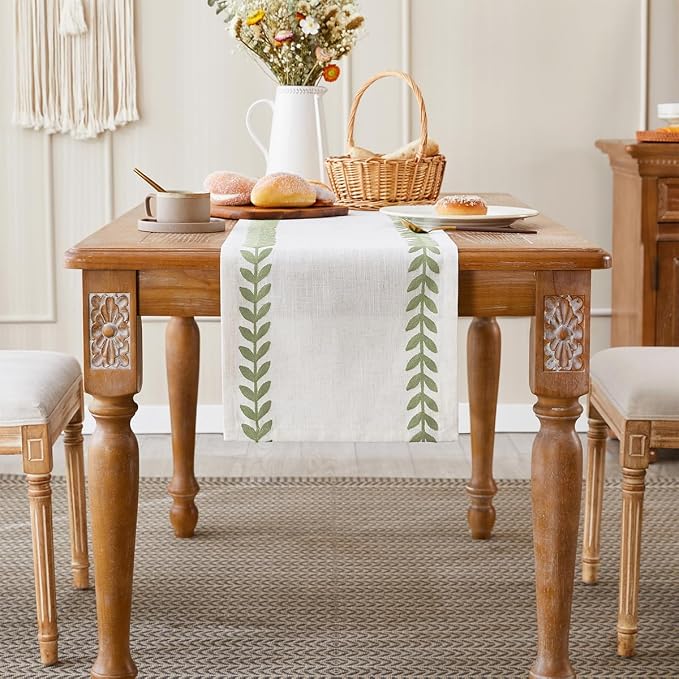 Wracra Embroidered Table Runner, Sage Green Table Runners 36 Inches Long | - Image 2