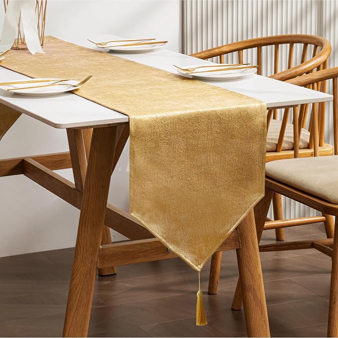 BALCONY & FALCON Table Runner Faux Linen Shimmer Gold 14"x51" | Tasselled by BALCONYFALCON