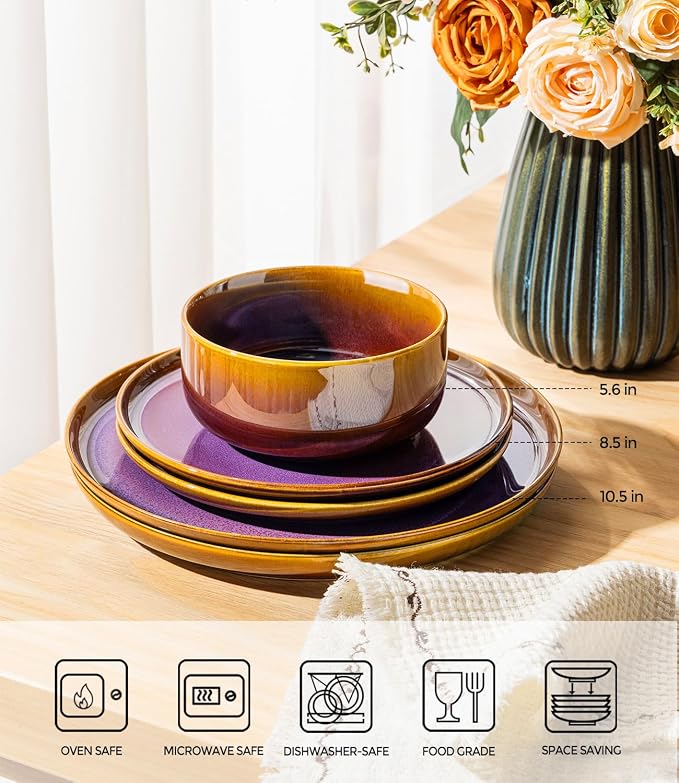 Ceramic Dinnerware Set for 4, 12-Piece Plates and Bowls Set | Handmade Reactive - Image 2