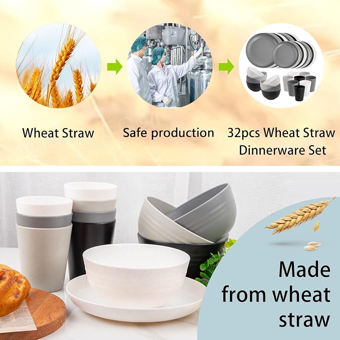 32pcs Multicolor Reusable Wheat Straw Dinnerware Sets - Image 4