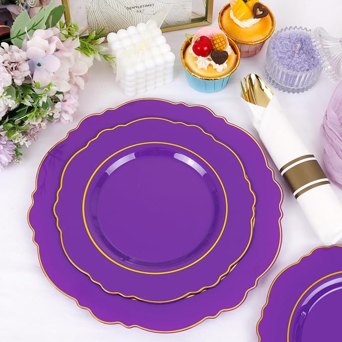 350PCS Purple Plastic Plates-Disposable Purple and Gold Plates 50 guest Baroque - Image 7
