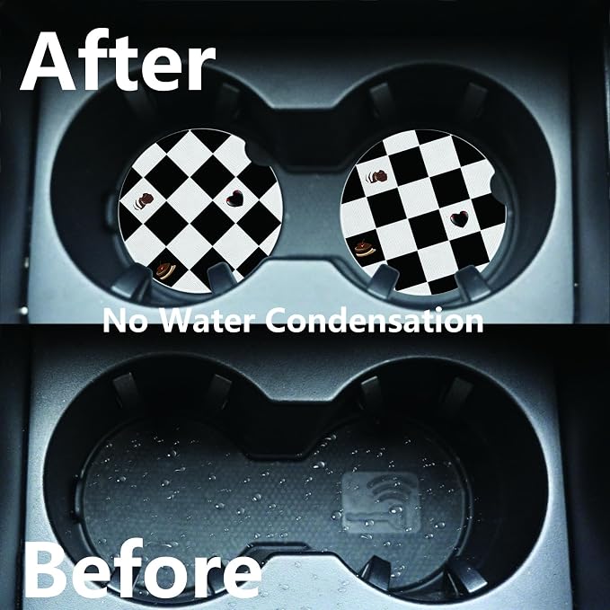 2pcs Black and White Checkerboard Car Coasters, Absorbent Universal neoprener - Image 5