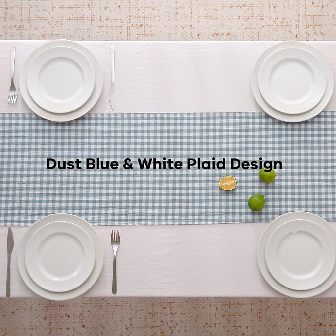 Dust Blue White Plaid Gingham Ruffle Table Runner 120 inches Long Christmas - Image 4