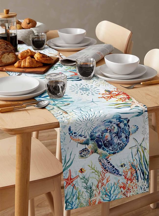 Sea Turtle Coastal Table Runners 36 Inches Long, Summer Beach Coral Table - Image 3